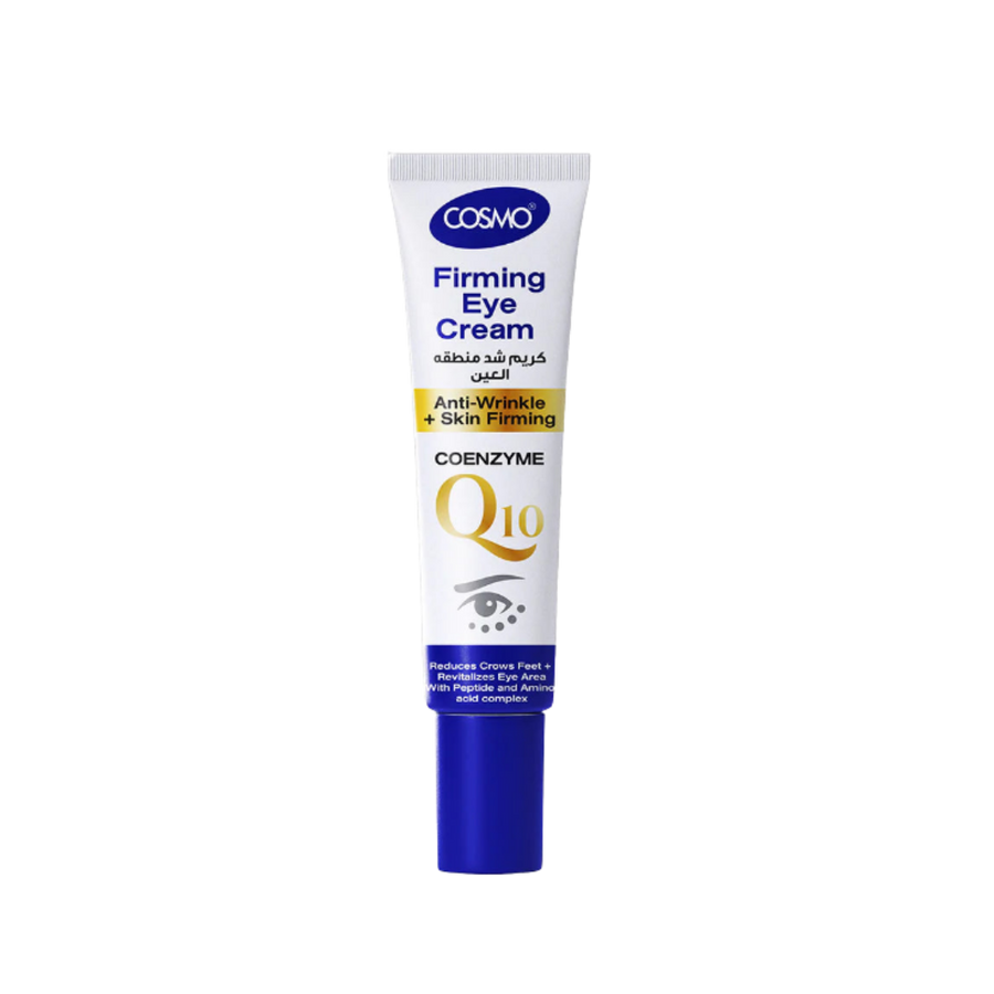 Cosmo Firming Eye Cream Coenzyme Q10, white tube with blue cap and gold label accents.