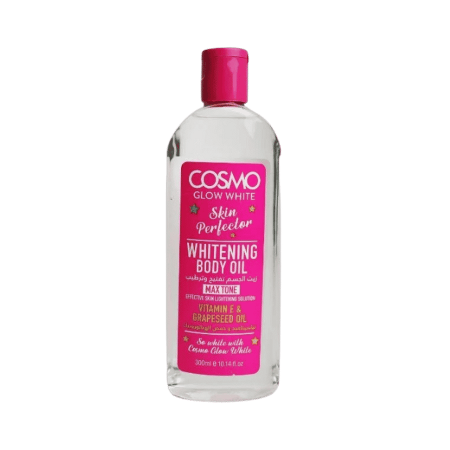 Cosmo Glow White, body oil, whitening and moisturizing, vitamin E & grapeseed, clear bottle, pink label, 300ml.