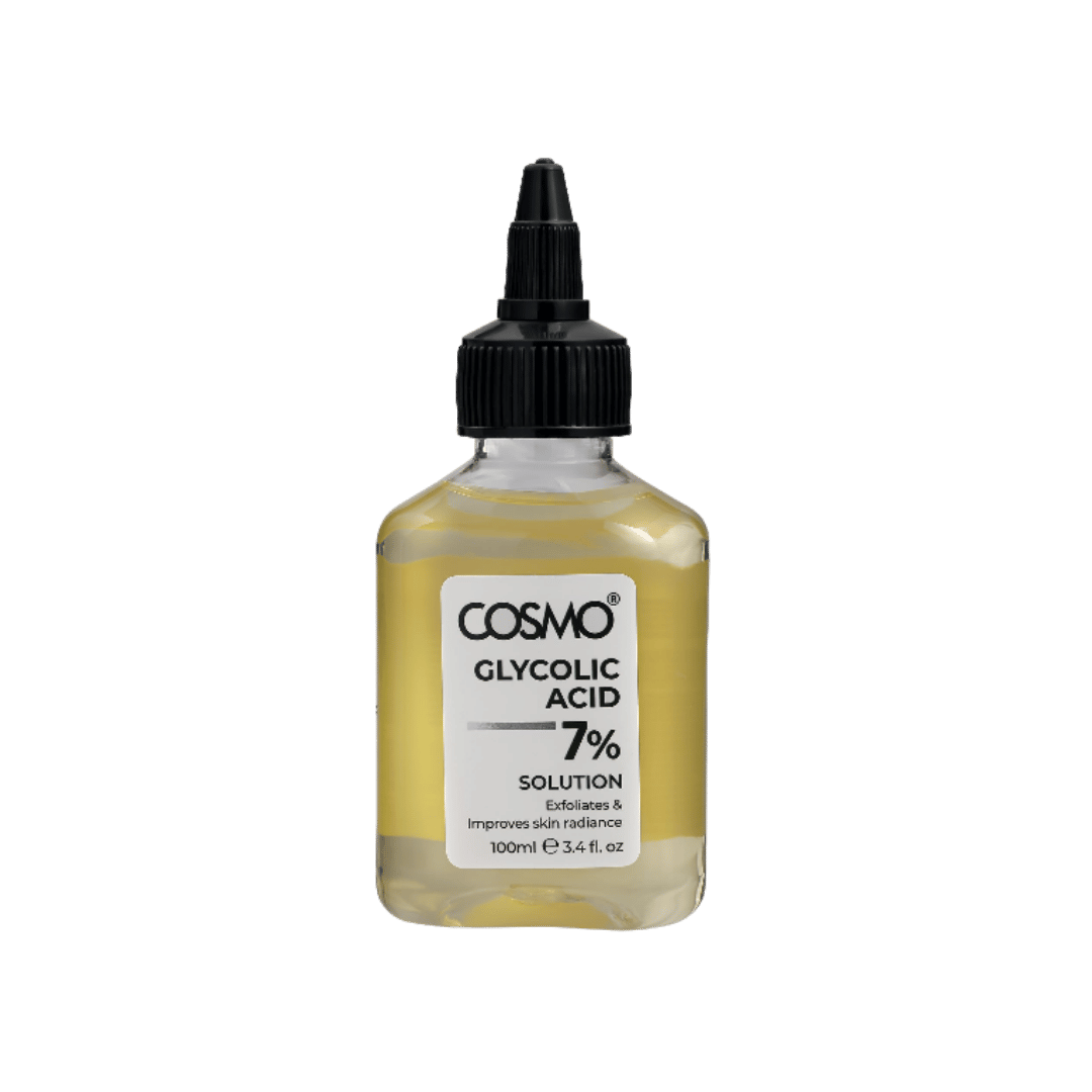 COSMO Glycolic Acid 7% Solution, clear square bottle with black dropper cap, yellow liquid inside, printed white label, 100ml, 1080x1080px