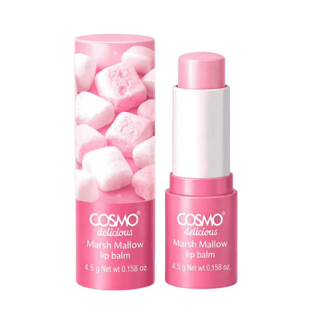 Cosmo Delicious lip balm marshmallow flavor 4.5g stick in pink blister packaging with marshmallow design