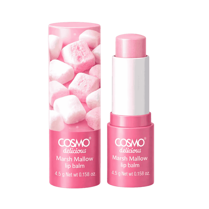Cosmo Delicious lip balm marshmallow flavor 4.5g stick in pink blister packaging with marshmallow design