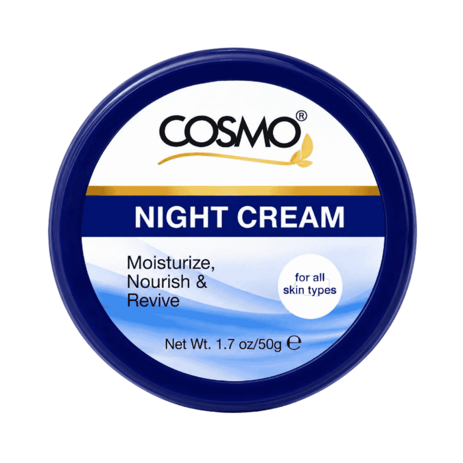 COSMO night cream, moisturizing and nourishing face cream, suitable for all skin types, 50g jar, blue lid.