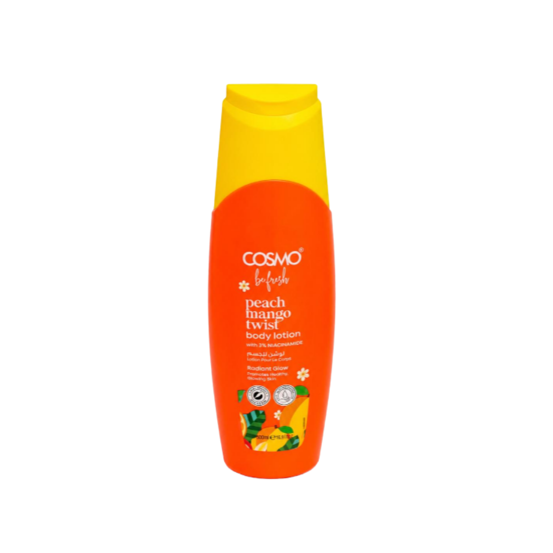 Cosmo Be Fruity Peach Mango Twist body lotion, 200ml, orange bottle with yellow cap.