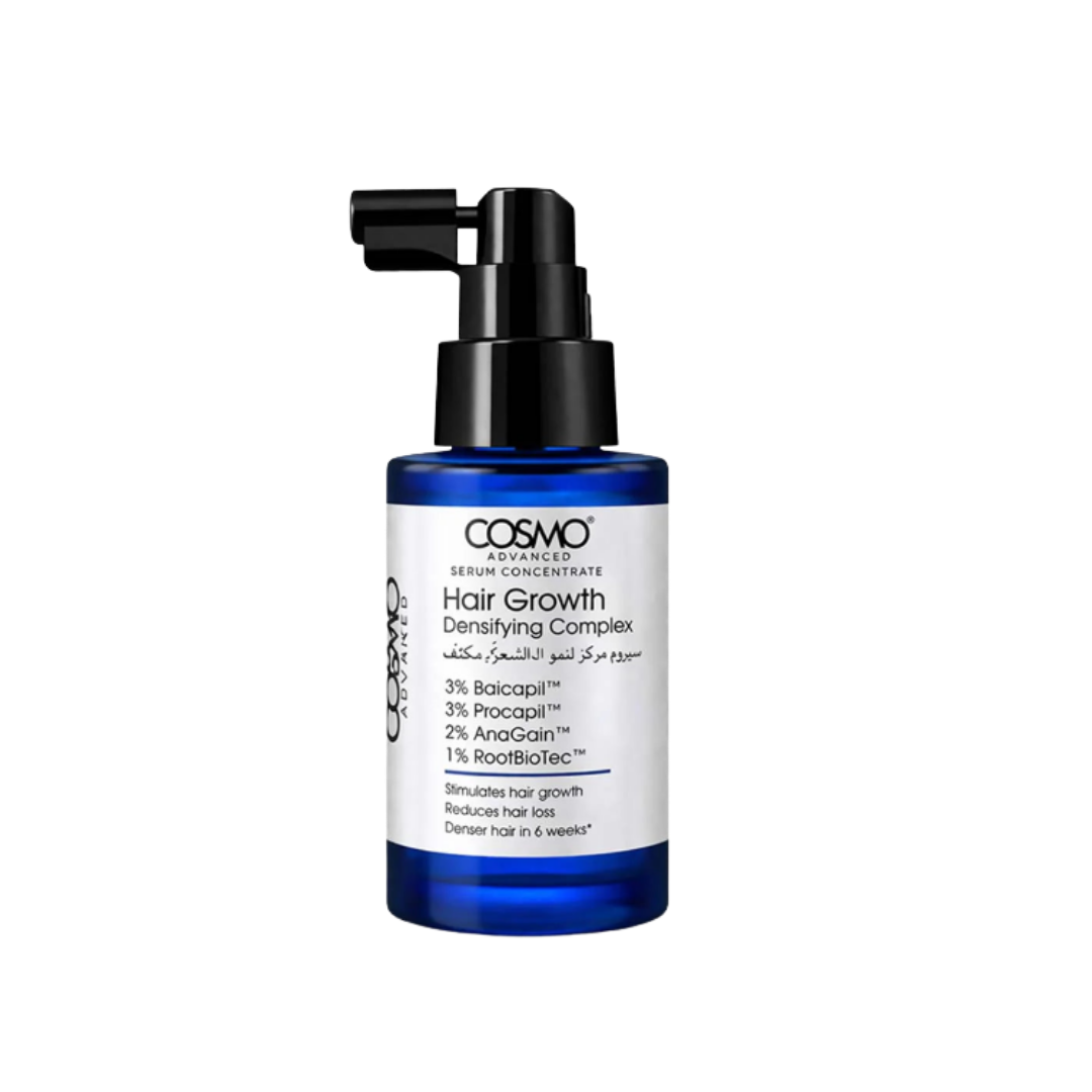 Cosmo Advanced Hair Growth Densifying Complex serum, blue pump bottle with black dispenser and white label.