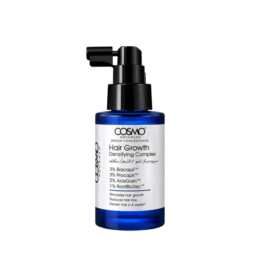 Cosmo Advanced Hair Growth Densifying Complex serum, blue pump bottle with black dispenser and white label.