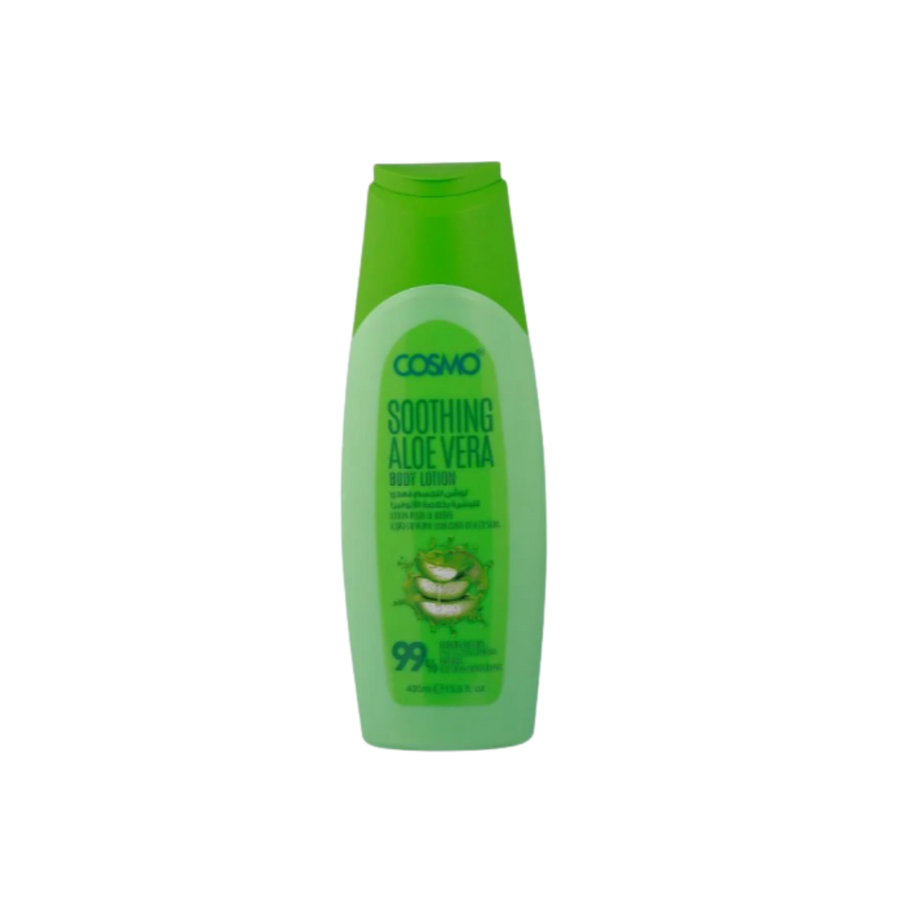 Cosmo Soothing Aloe Vera body lotion bottle, 99% aloe formula, green packaging, 400 ml.
