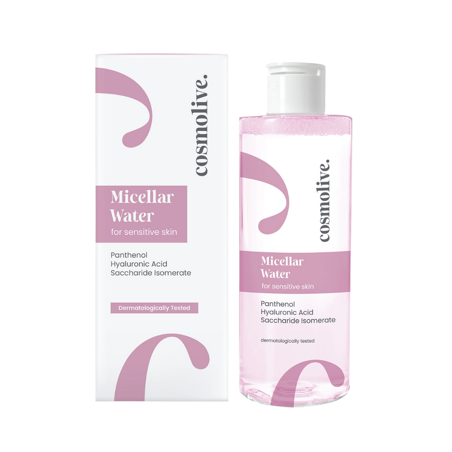 Cosmolive Micellar Water for Sensitive Skin 200ml bottle with white and pink box packaging.
