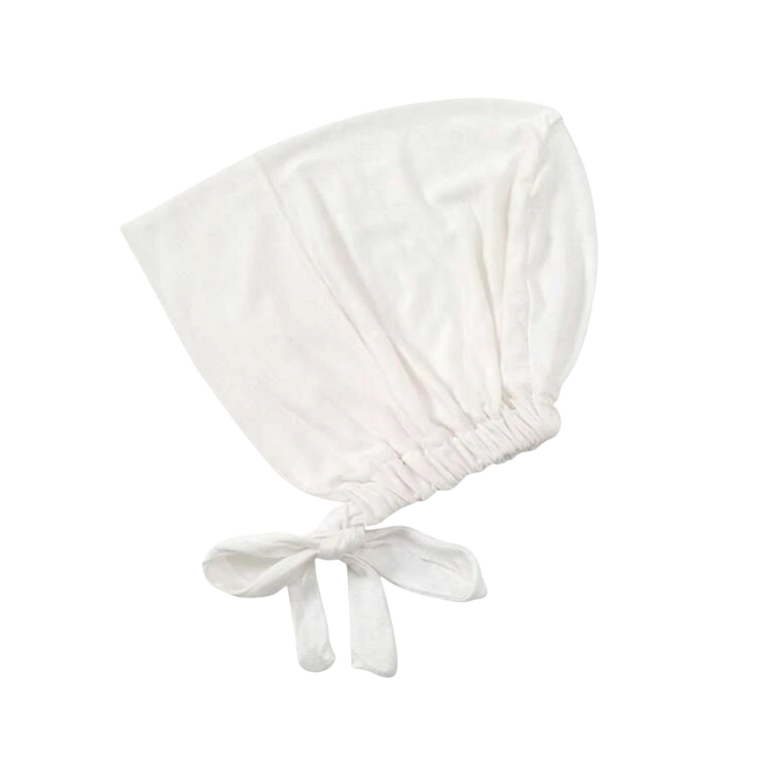 Cotton hijab underscarf, white color, soft fabric with adjustable ties at the bottom.