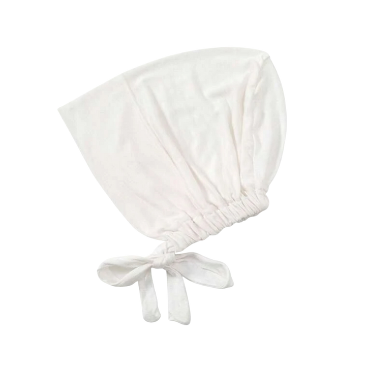 Cotton hijab underscarf, white color, soft fabric with adjustable ties at the bottom.
