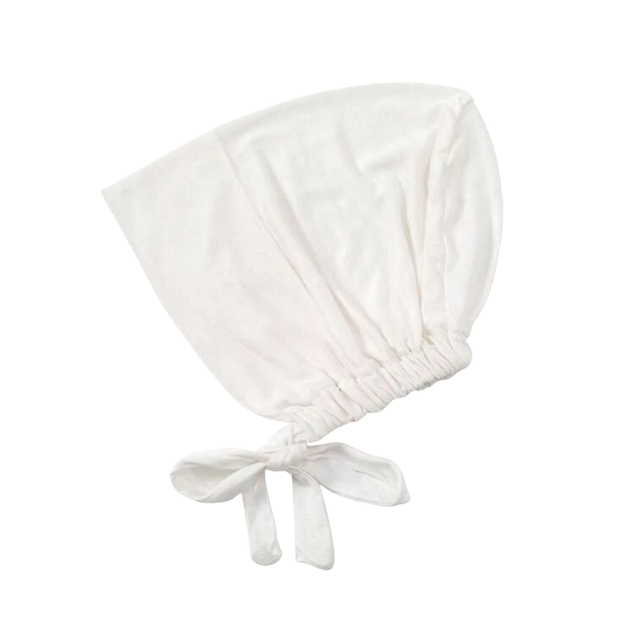 Cotton hijab underscarf, white color, soft fabric with adjustable ties at the bottom.