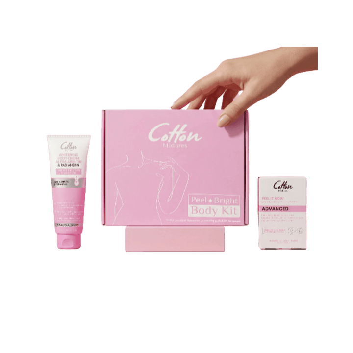 Cotton Mixtures Peel & Bright Body Kit, including a whitening cream and a peel treatment. Packaging in pink with a clean, minimalistic design.