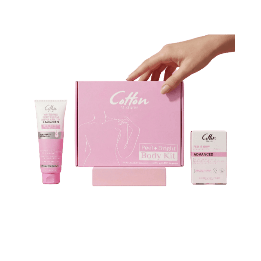 Cotton Mixtures Peel & Bright Body Kit, including a whitening cream and a peel treatment. Packaging in pink with a clean, minimalistic design.