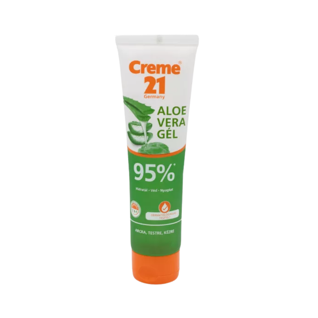 Creme 21 Germany aloe vera gel 95%, green and white squeeze tube with orange flip-top cap
