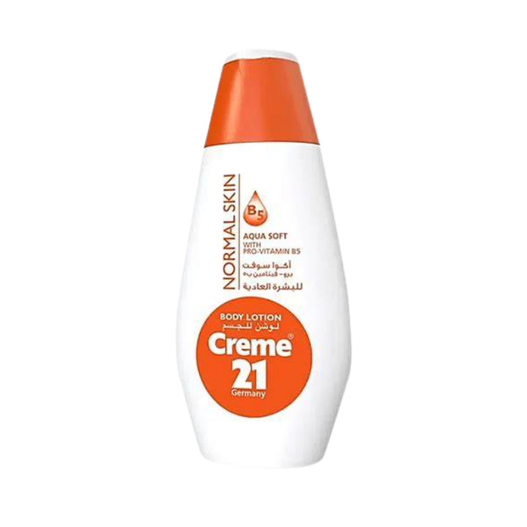 Creme 21 Germany Aqua Soft body lotion with pro-vitamin B5, white bottle with orange cap
