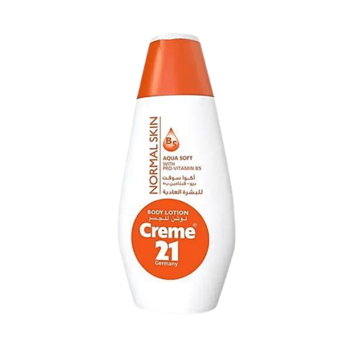 Creme 21 Germany Aqua Soft body lotion with pro-vitamin B5, white bottle with orange cap
