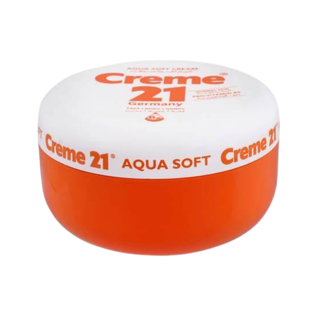 Creme 21 Aqua Soft moisturizing cream jar with white lid and orange container, face body hands