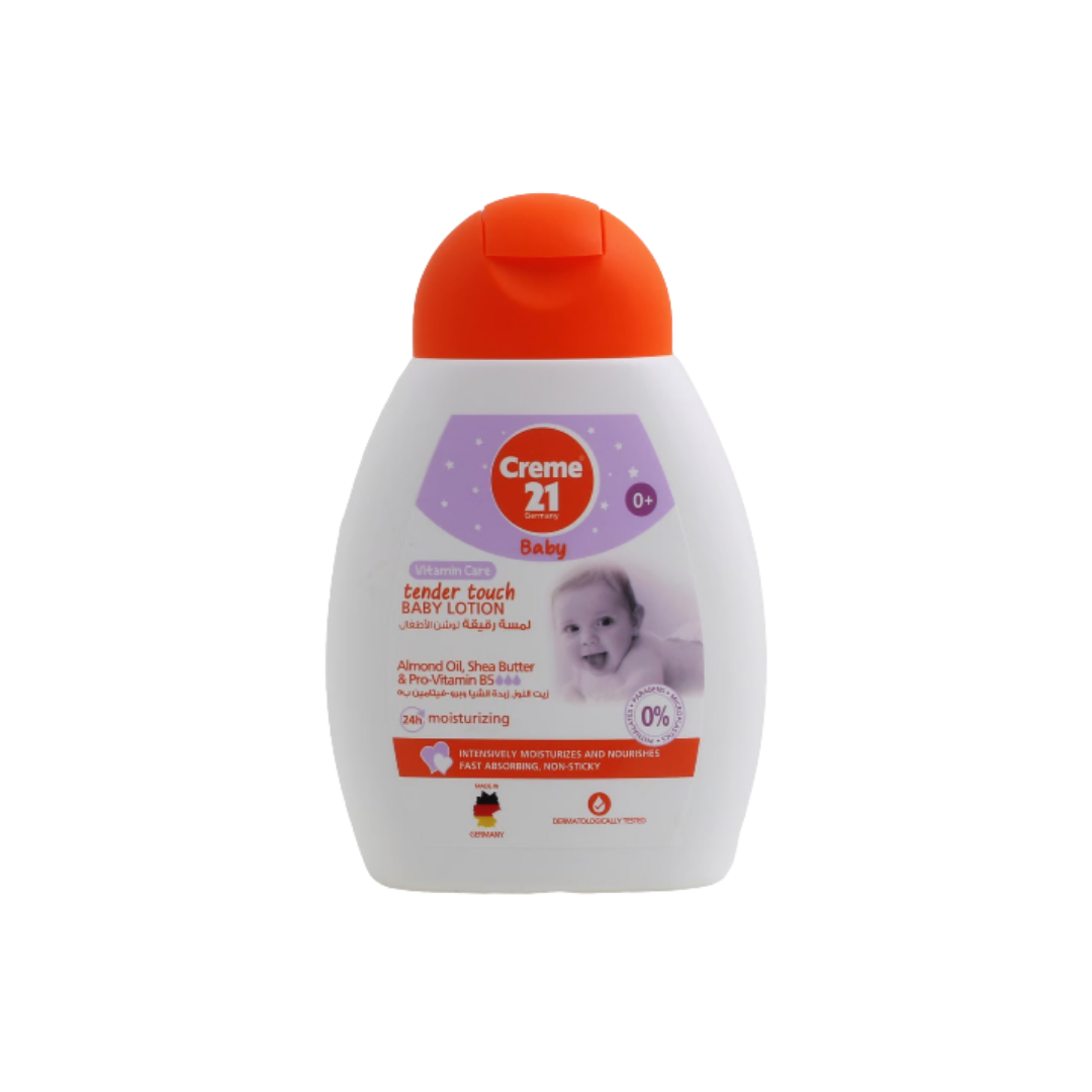 Creme 21 Baby Tender Touch lotion, white plastic bottle with orange flip cap, baby image label.
