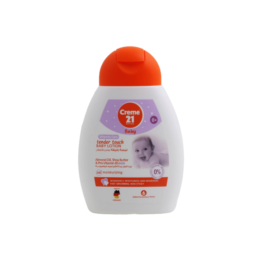 Creme 21 Baby Tender Touch lotion, white plastic bottle with orange flip cap, baby image label.