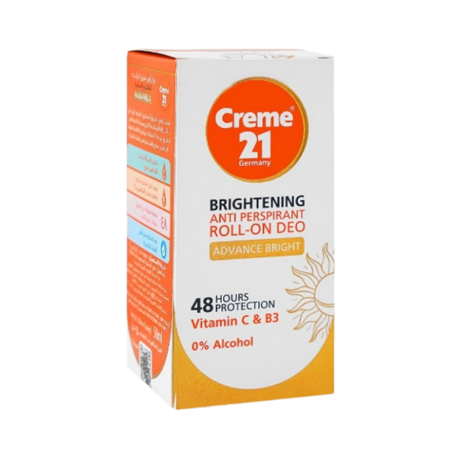 Creme 21 Brightening Anti-Perspirant Roll-On Deo, 50ml, with Vitamin C & B3, 48 hours protection, 0% alcohol.
