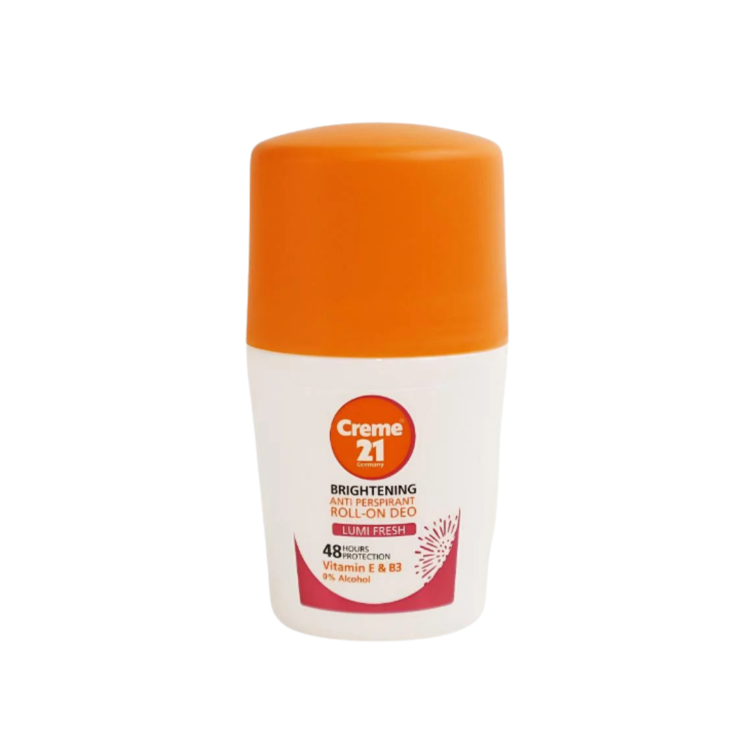 Creme 21 Brightening anti-perspirant roll-on deodorant, white bottle with orange cap, 48h protection label.