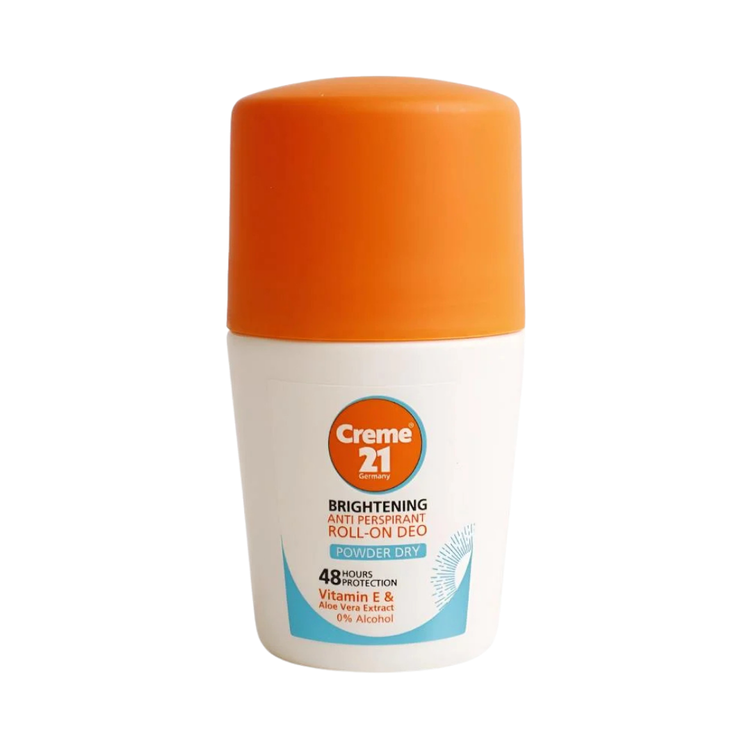 Creme 21 Brightening Anti-Perspirant Roll-On Deo Powder Dry 48H, 50ml, with Vitamin E and Aloe Vera extract, alcohol-free.