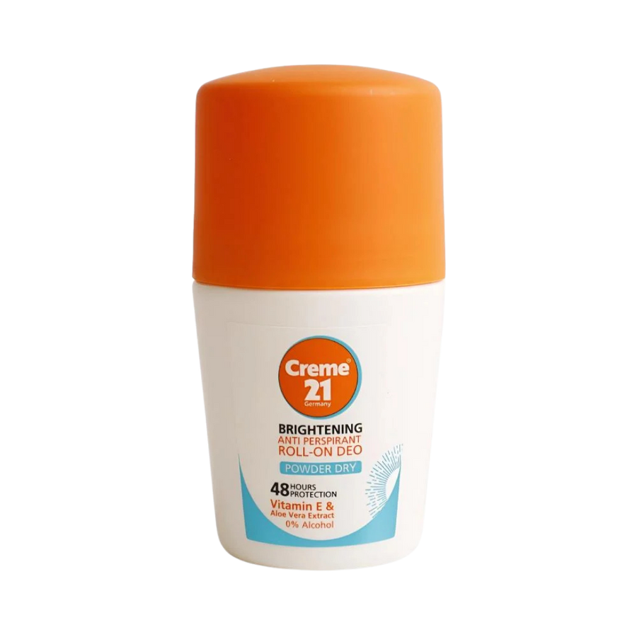 Creme 21 Brightening Anti-Perspirant Roll-On Deo Powder Dry 48H, 50ml, with Vitamin E and Aloe Vera extract, alcohol-free.
