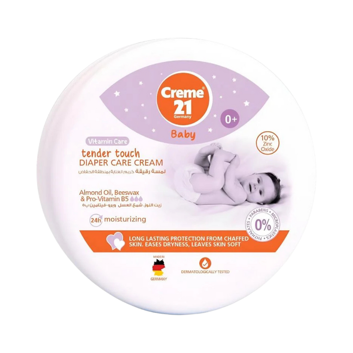 Creme21 Baby Tender Touch Diaper Care Cream, 150ml, with almond oil, beeswax, and pro-vitamin B5, for baby skin care.