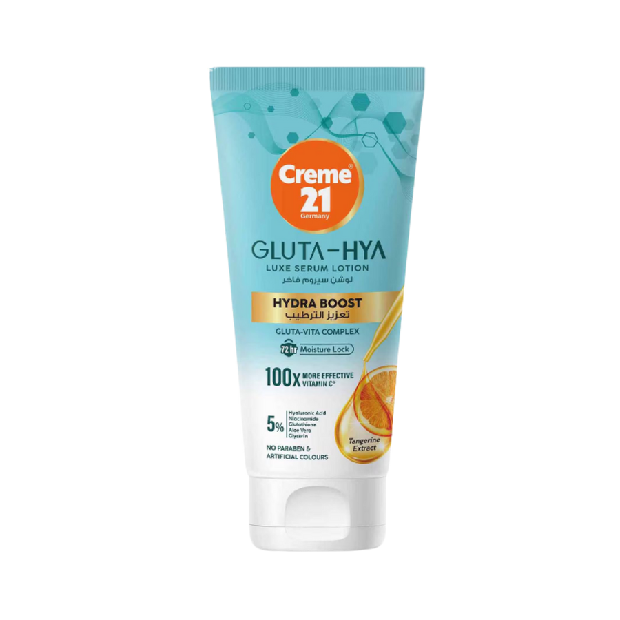 Creme 21 Gluta-Hya Luxe Serum Lotion Hydra Boost 400ml turquoise tube packaging with orange label