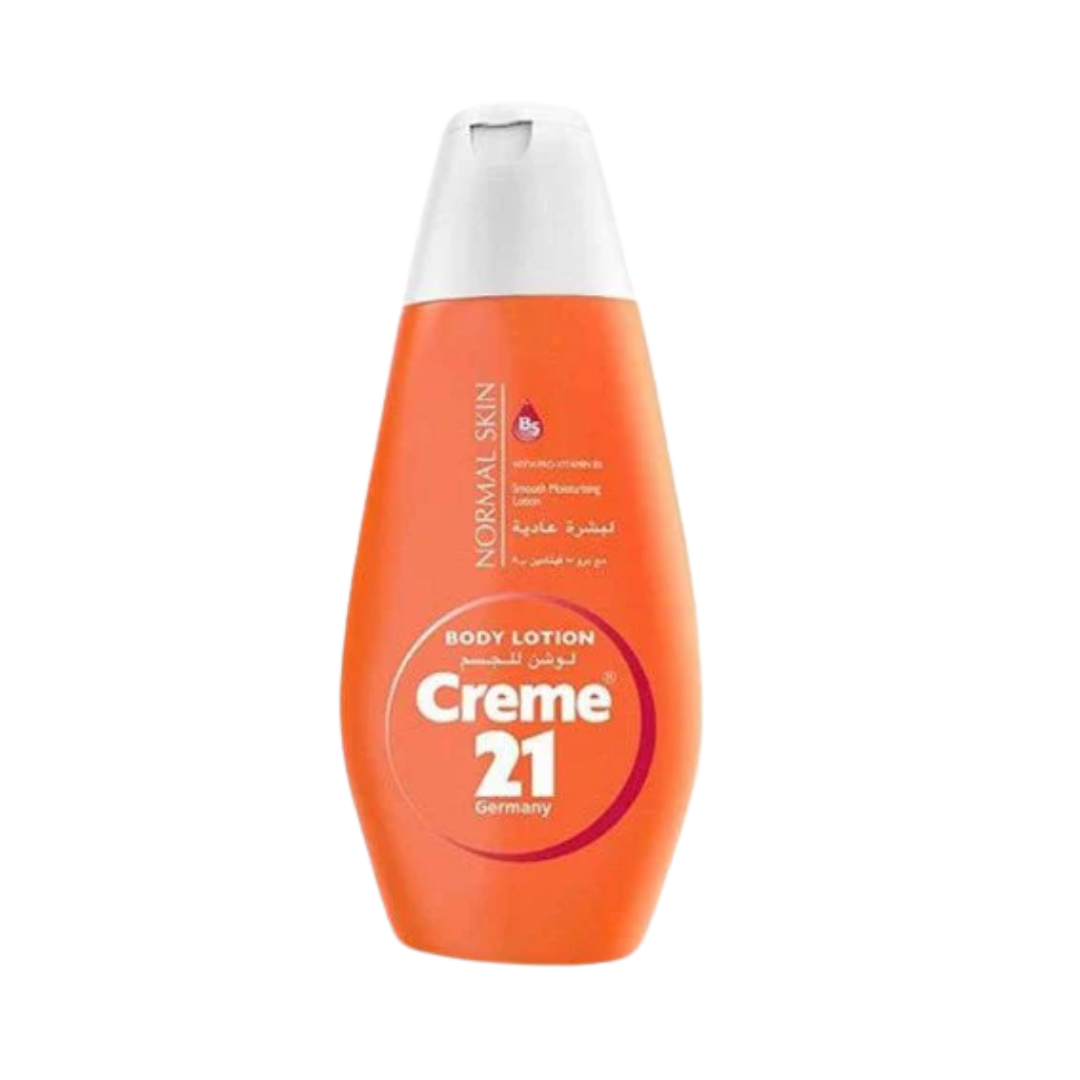 Creme 21 Germany body lotion for normal skin, orange plastic bottle with flip-top cap
 