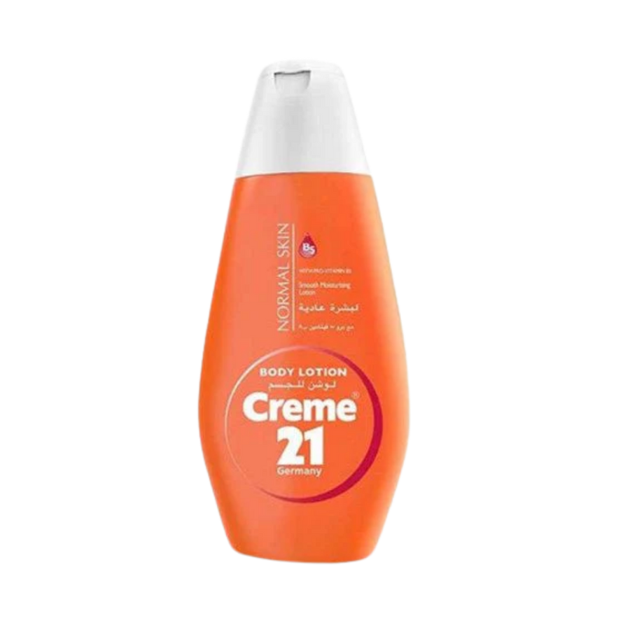Creme 21 Germany body lotion for normal skin, orange plastic bottle with flip-top cap
 