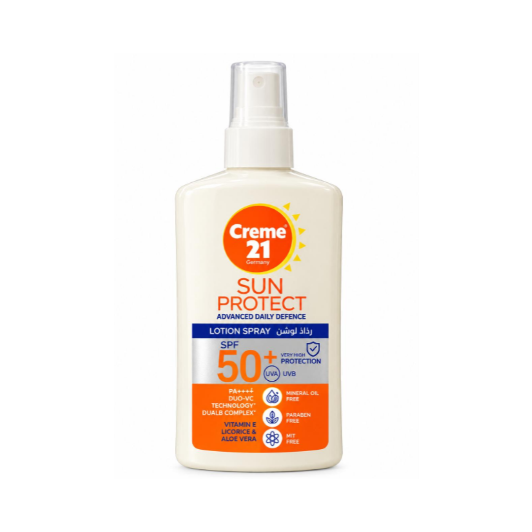 Creme 21 Sun Protect SPF 50+ lotion spray with UVA UVB protection, white bottle and orange label