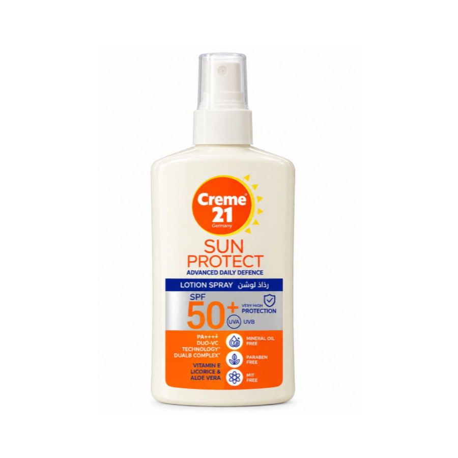 Creme 21 Sun Protect SPF 50+ lotion spray with UVA UVB protection, white bottle and orange label