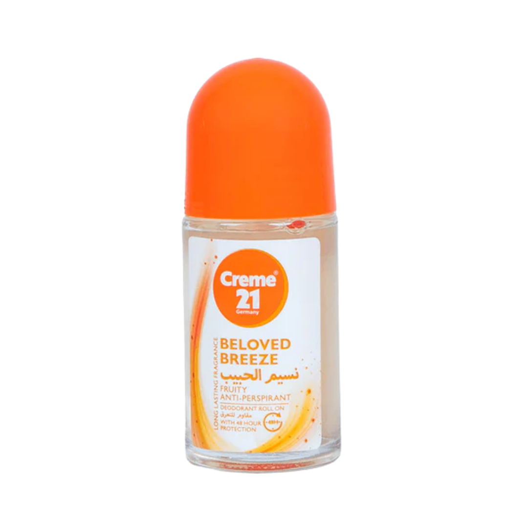 Creme 21 Beloved Breeze Anti-Perspirant Roll-On 50ml, clear bottle with orange cap, fruity scent.
