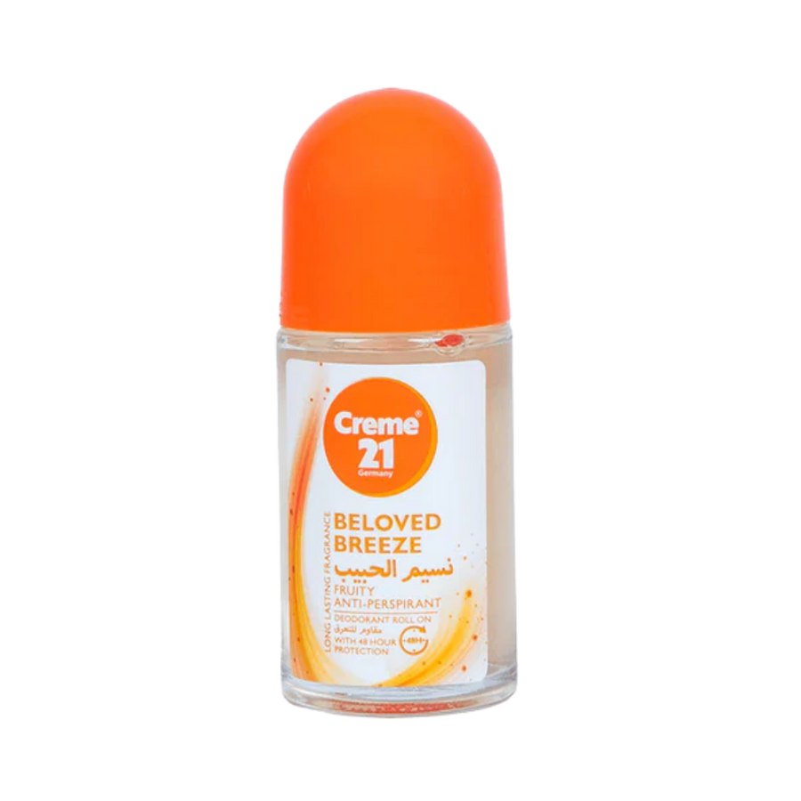 Creme 21 Beloved Breeze Anti-Perspirant Roll-On 50ml, clear bottle with orange cap, fruity scent.
