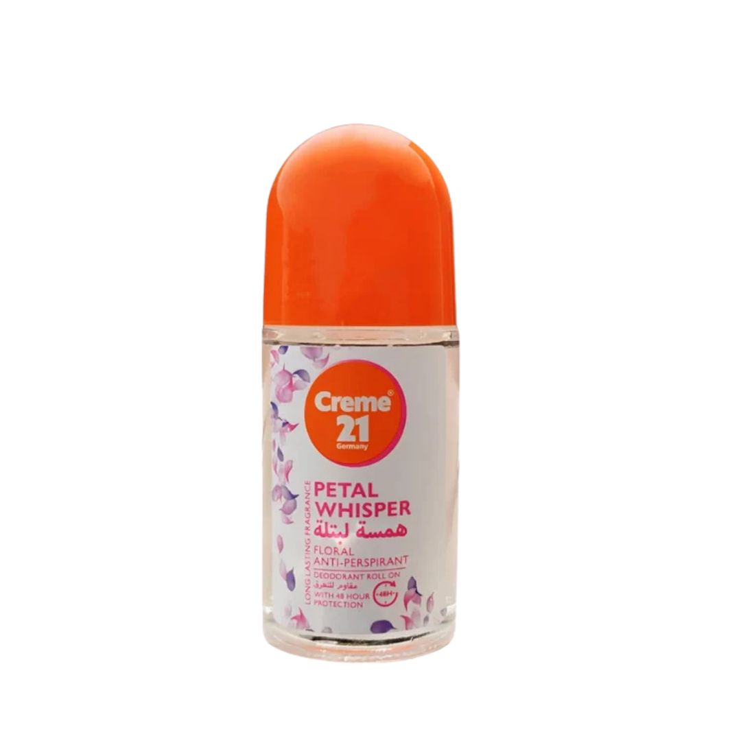 Creme 21 Petal Whisper anti-perspirant roll-on deodorant, 50ml, clear bottle with orange cap, floral label.