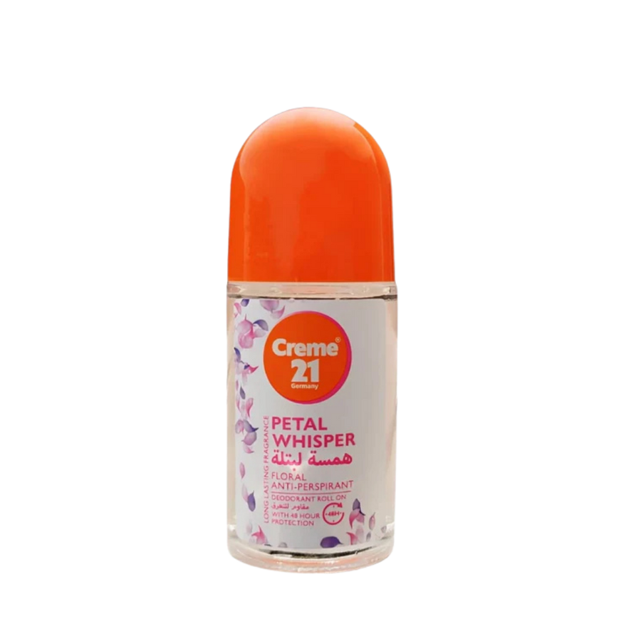 Creme 21 Petal Whisper anti-perspirant roll-on deodorant, 50ml, clear bottle with orange cap, floral label.