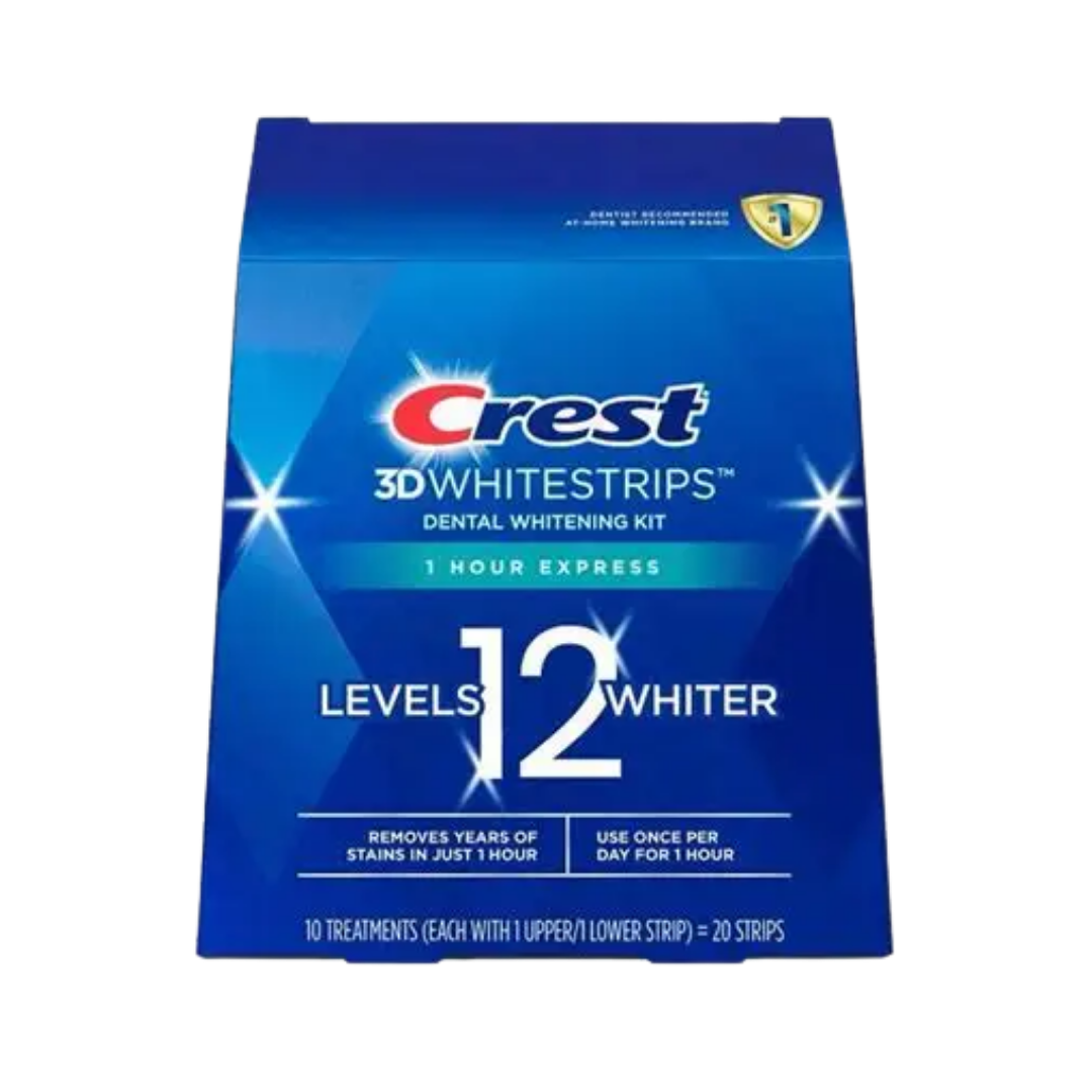 Crest 3D White Whitestrips 1 Hour Express dental whitening kit, blue box with 10 treatments
