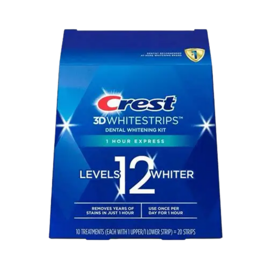 Crest 3D White Whitestrips 1 Hour Express dental whitening kit, blue box with 10 treatments
