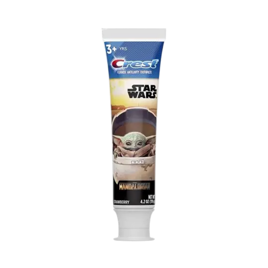 Crest kids fluoride toothpaste strawberry flavor, 4.2 oz tube, Star Wars Mandalorian Grogu character packaging
