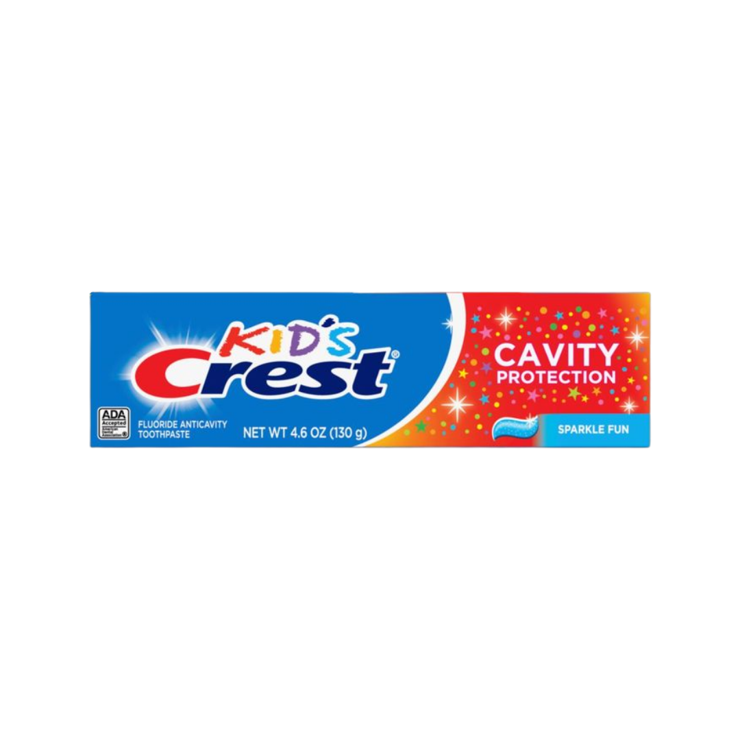 Crest Kids fluoride anticavity toothpaste, sparkle fun flavor, 4.6 oz tube, blue and red packaging
