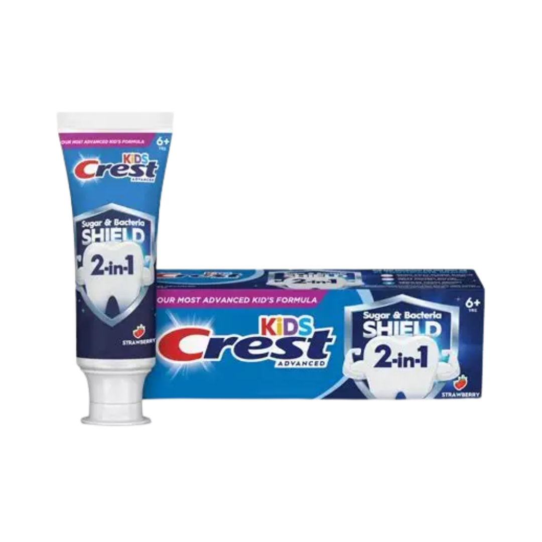 Crest Kids Advanced Sugar and Bacteria Shield 2-in-1 strawberry toothpaste tube with matching box packaging
