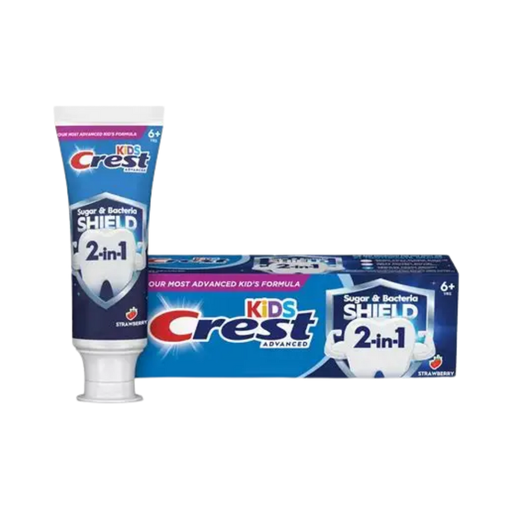 Crest Kids Advanced Sugar and Bacteria Shield 2-in-1 strawberry toothpaste tube with matching box packaging
