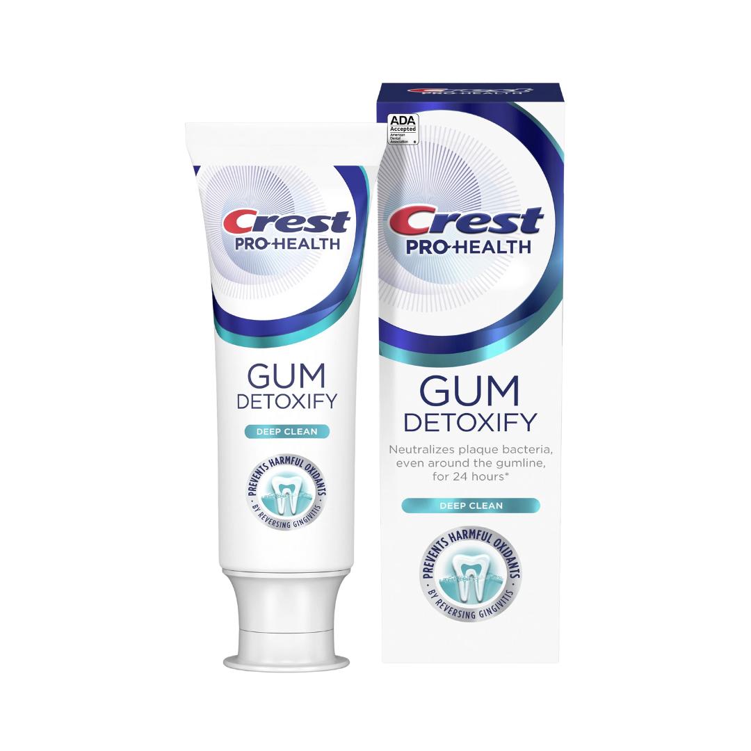 Crest Pro-Health Gum Detoxify Deep Clean toothpaste tube with matching box, white packaging with blue accents
