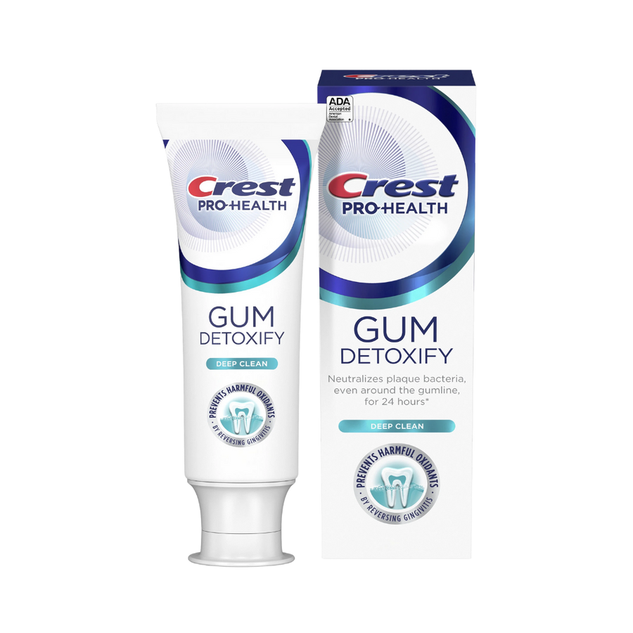 Crest Pro-Health Gum Detoxify Deep Clean toothpaste tube with matching box, white packaging with blue accents
