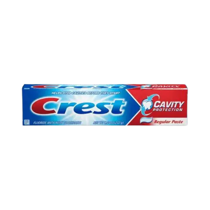 Crest cavity protection fluoride toothpaste, regular paste flavor, 8.2 oz tube, blue and red packaging
