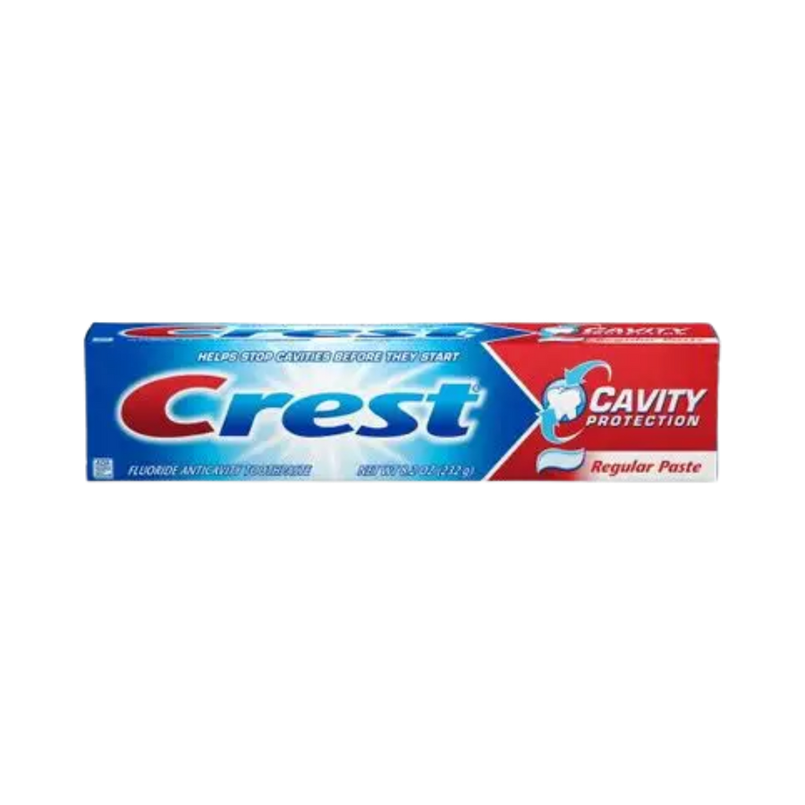 Crest cavity protection fluoride toothpaste, regular paste flavor, 8.2 oz tube, blue and red packaging
