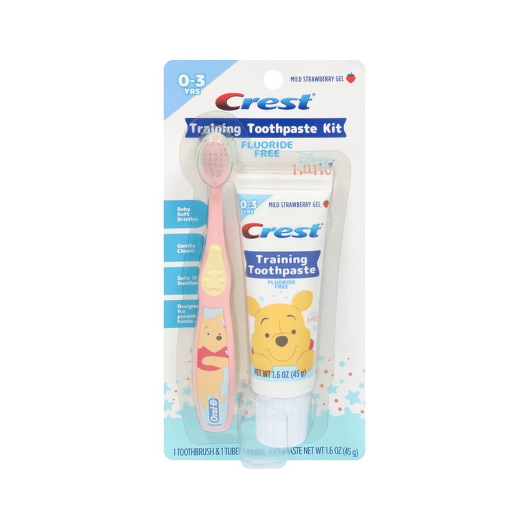 Crest Training Toothpaste Kit for ages 0–3, mild strawberry gel toothpaste 45 g with toothbrush in blister pack
