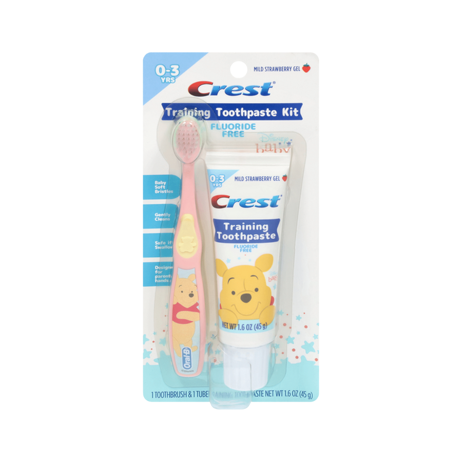Crest Training Toothpaste Kit for ages 0–3, mild strawberry gel toothpaste 45 g with toothbrush in blister pack
