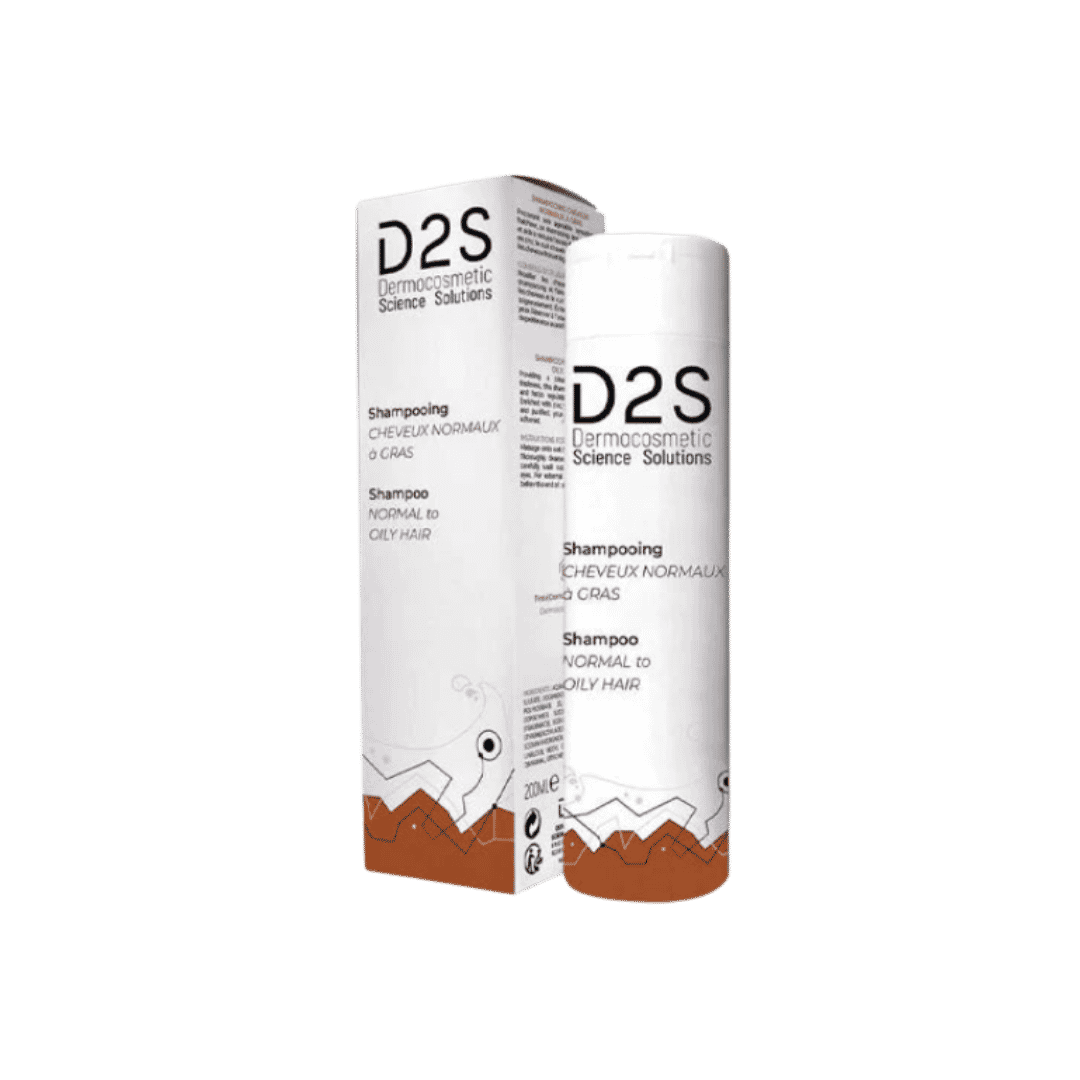 D2S shampoo for normal to oily hair, 200ml white bottle with matching carton.