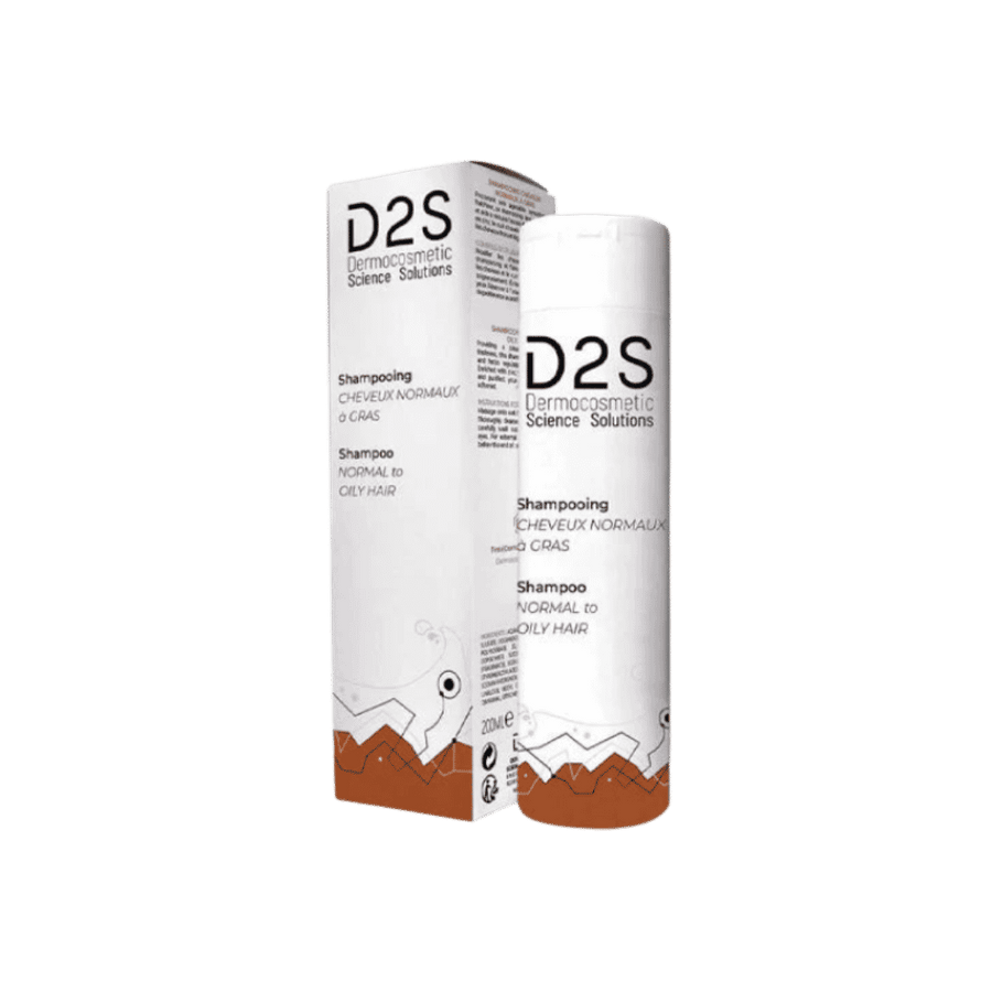 D2S shampoo for normal to oily hair, 200ml white bottle with matching carton.